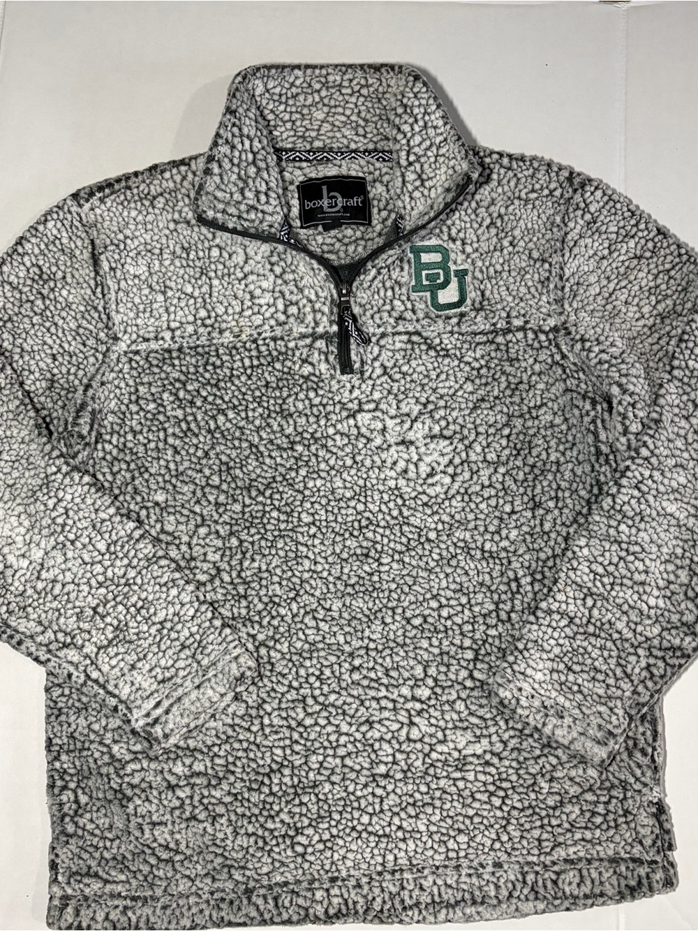 boxercraft Gray Sherpa Quarter-Zip Pullover with Green BU Logo
